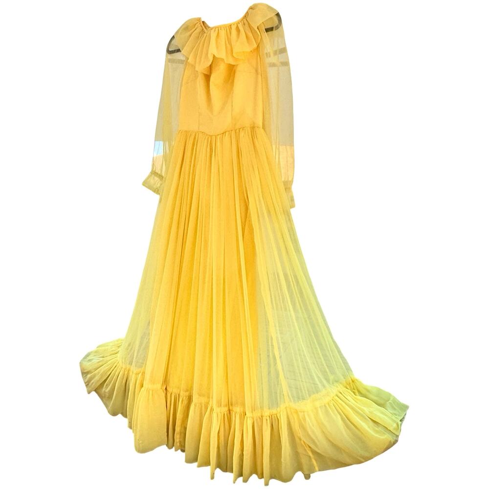 Vintage 1970 Butter Yellow Chiffon Ruffle Gown Full Sweep Overlay Custom Made